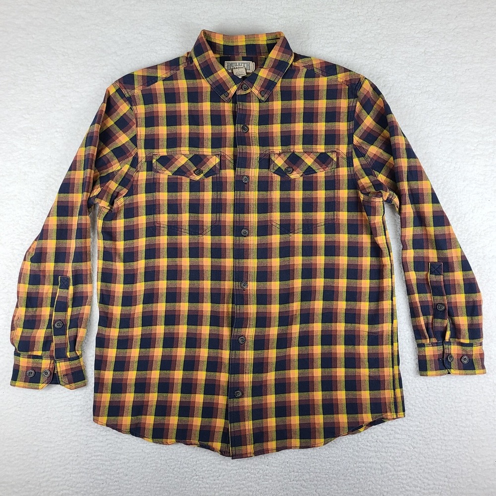 Duluth Shirt Men Large Blue Orange Yellow Plaid Standard Fit Flannel Button Down